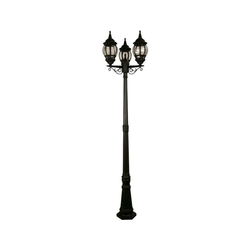 Luminaria poste exterior farol clásico Nox II 10 W 3 L E27 negro Ikelite, vista frontal completa sobre fondo blanco