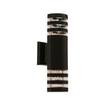 Luminaria exterior de pared Mauro II 2L E27 10W negro Ikelite, vista frontal del aplique cilíndrico con detalles lineales