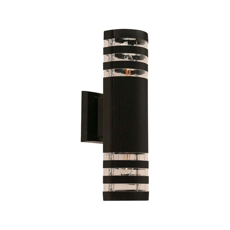 Luminaria exterior de pared Mauro II 2L E27 10W negro Ikelite, vista frontal del aplique cilíndrico con detalles lineales