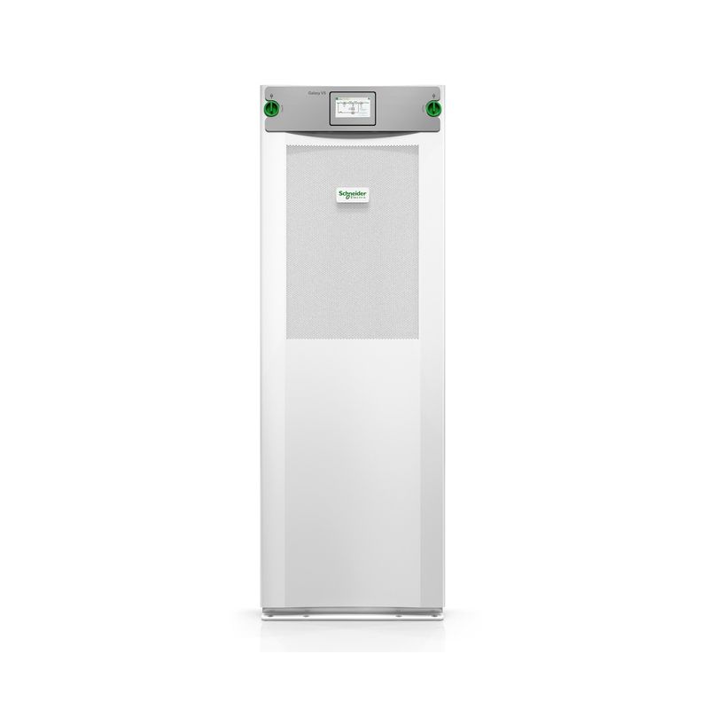 UPS 3F 50 kVA 208V T20min Galaxy VS Schneider Electric, vista frontal del equipo blanco con pantalla digital superior