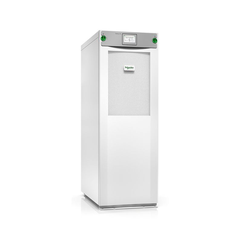 UPS 3F 50 kVA 208 V T20 min Galaxy VS Schneider Electric, vista frontal del equipo blanco con pantalla digital y rejilla