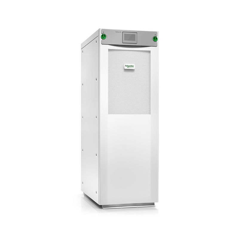 UPS 3F 120 kVA 208V T20min Galaxy VS Schneider Electric, equipo industrial blanco con pantalla digital y botones verdes
