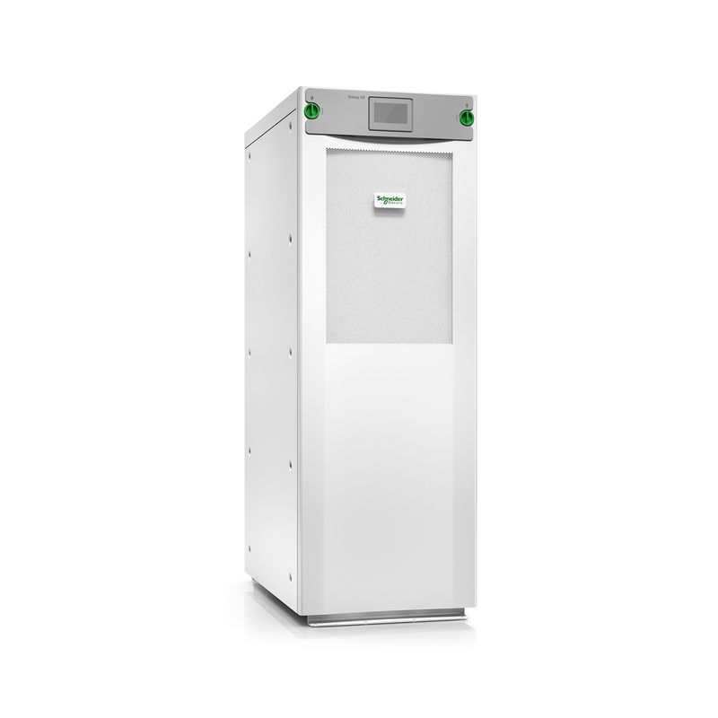 UPS 3F 25KVA 208V T20MIN Galaxy VS Schneider Electric, equipo vertical blanco con panel digital y rejilla frontal