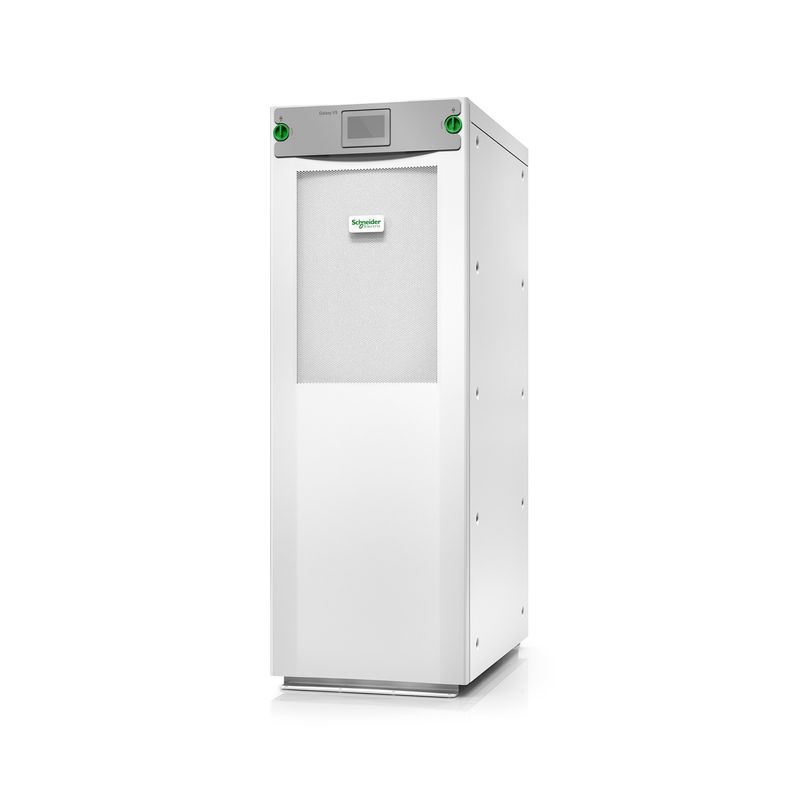 UPS 3F 120 kVA 208V T20min Galaxy VS Schneider Electric, vista lateral frontal del equipo blanco con pantalla digital