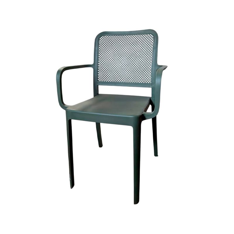 Silla plástica con brazo verde Ideal Furniture, vista lateral completa sobre fondo blanco