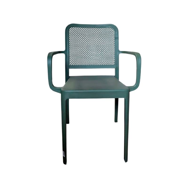 Silla plástica con brazo verde Ideal Furniture, vista frontal completa sobre fondo blanco