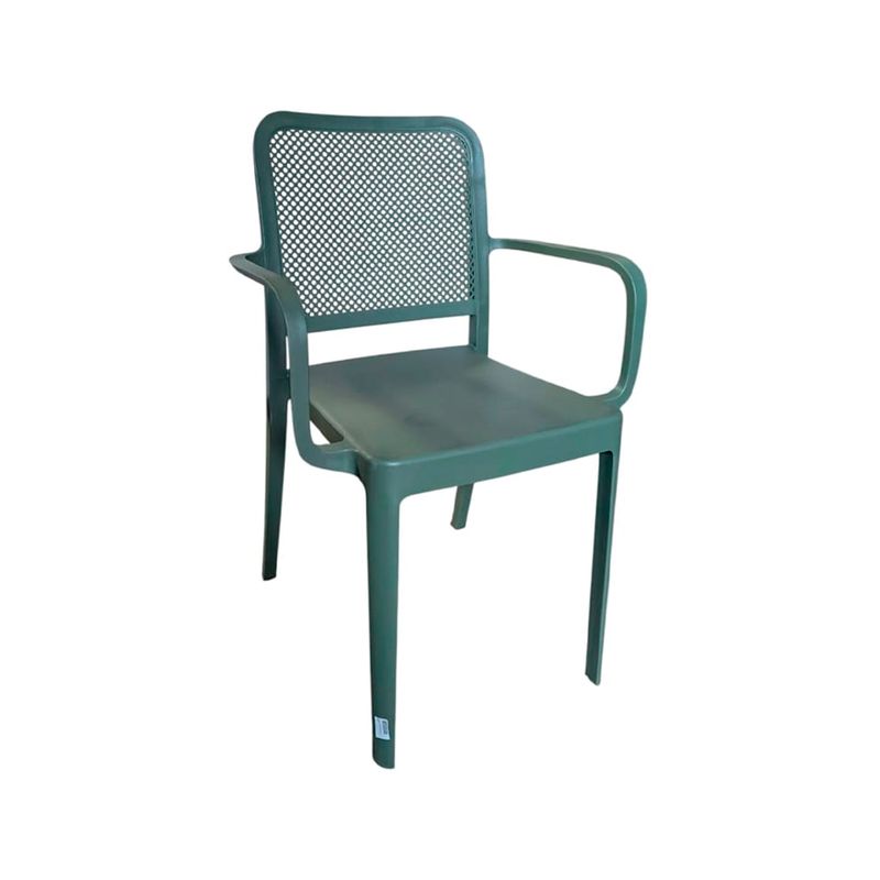 Silla plástica con brazo verde Ideal Furniture, vista frontal del respaldo calado y estructura completa