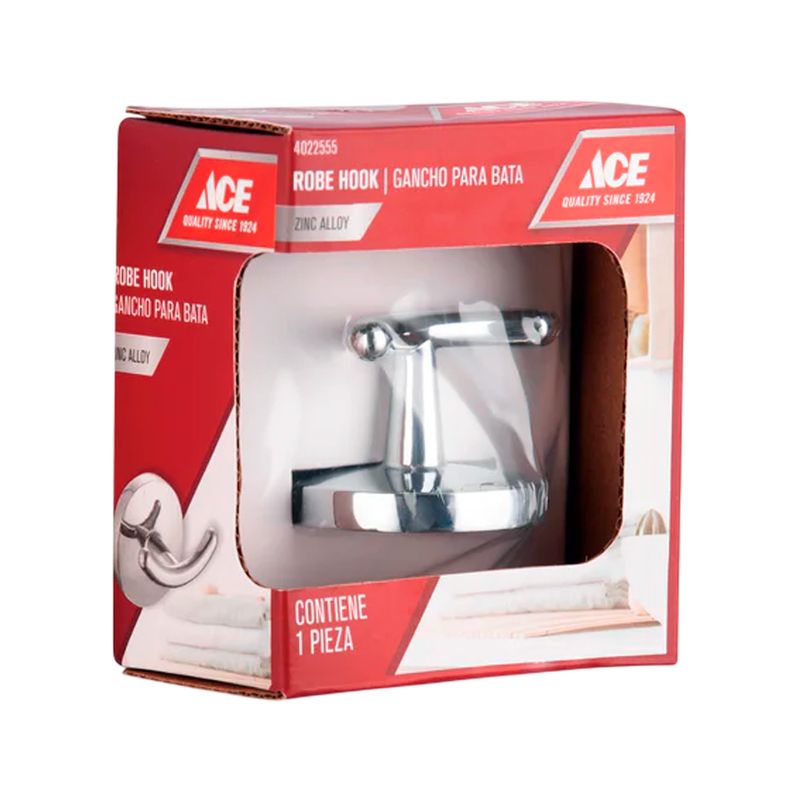 Gancho para prendas transicional doble cromado Ace, producto dentro de su empaque de cartón rojo con ventana frontal