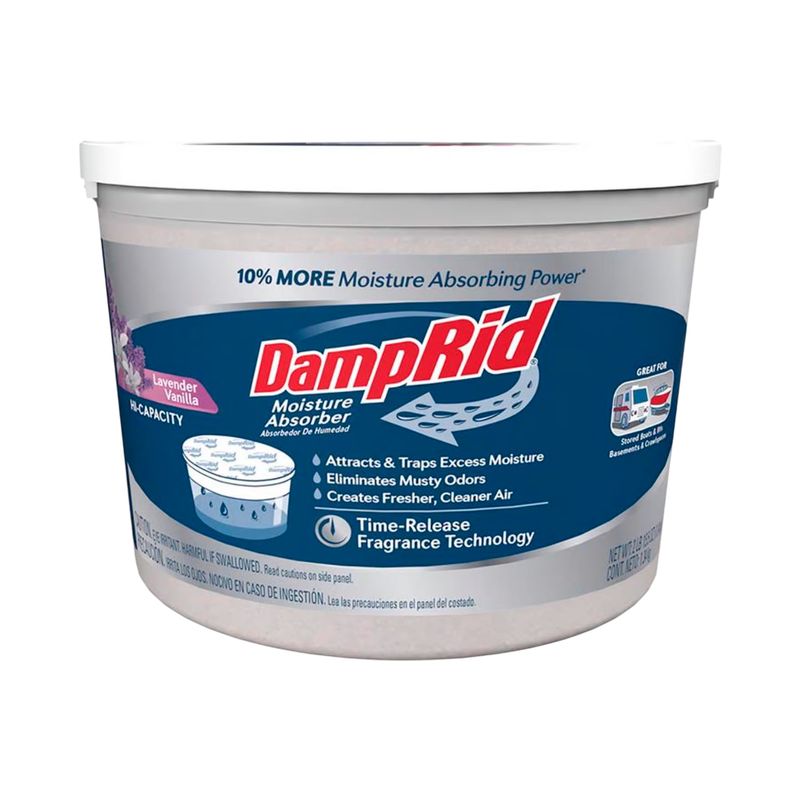 Absorbente de humedad con aroma lavanda y vainilla 2 lb DampRid, vista frontal del envase plástico blanco con etiqueta