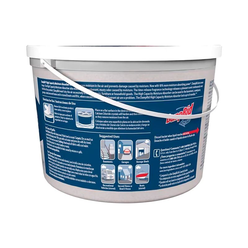 Absorbente de humedad con aroma lavanda y vainilla 2 lb DampRid, detalle del reverso del envase con instrucciones de uso