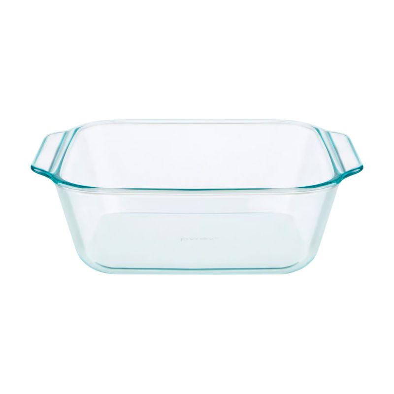 Bandeja de vidrio para hornear 8 x 8 pulgadas Pyrex, vista frontal del recipiente transparente con asas laterales