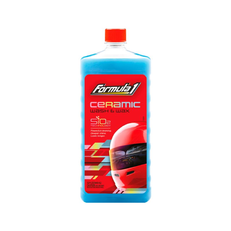 Shampoo con cera para auto cerámica 32 onzas Formula 1, botella de plástico con líquido azul y tapa roja