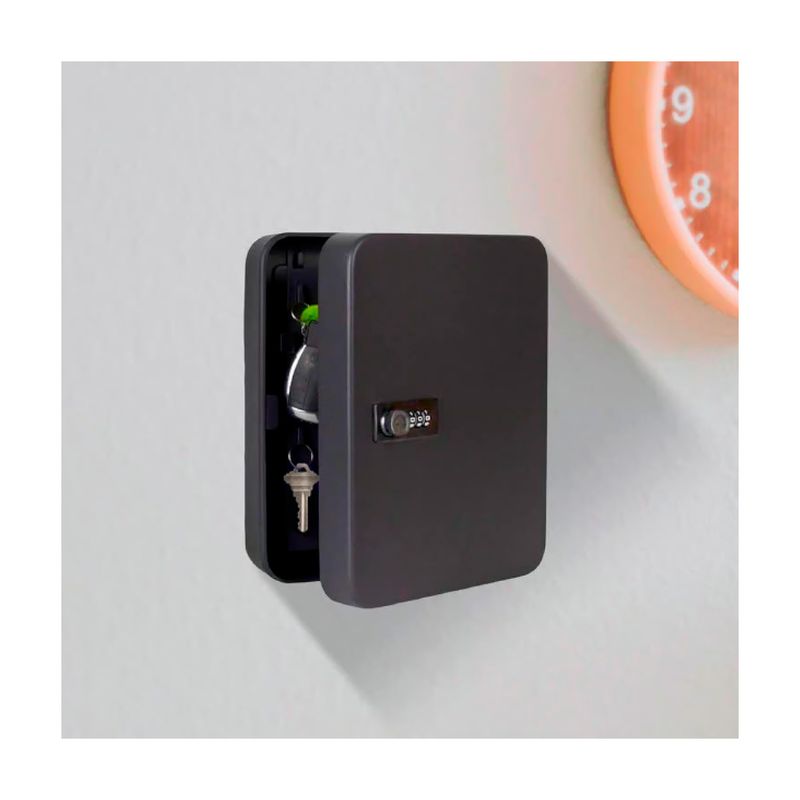 Caja de seguridad para llaves 3 x 9.5 x 12 pulgadas negro Lucky Line, abierta instalada en pared con llaves adentro