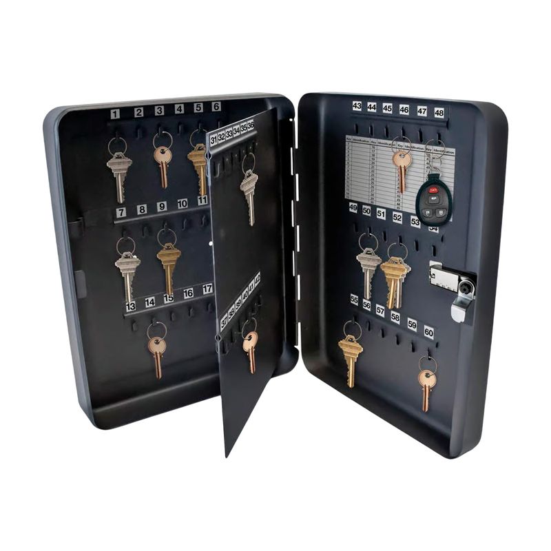 Caja de seguridad para llaves 3 x 9.5 x 12 pulgadas negro Lucky Line, abierta mostrando ganchos con llaves y teclado digital