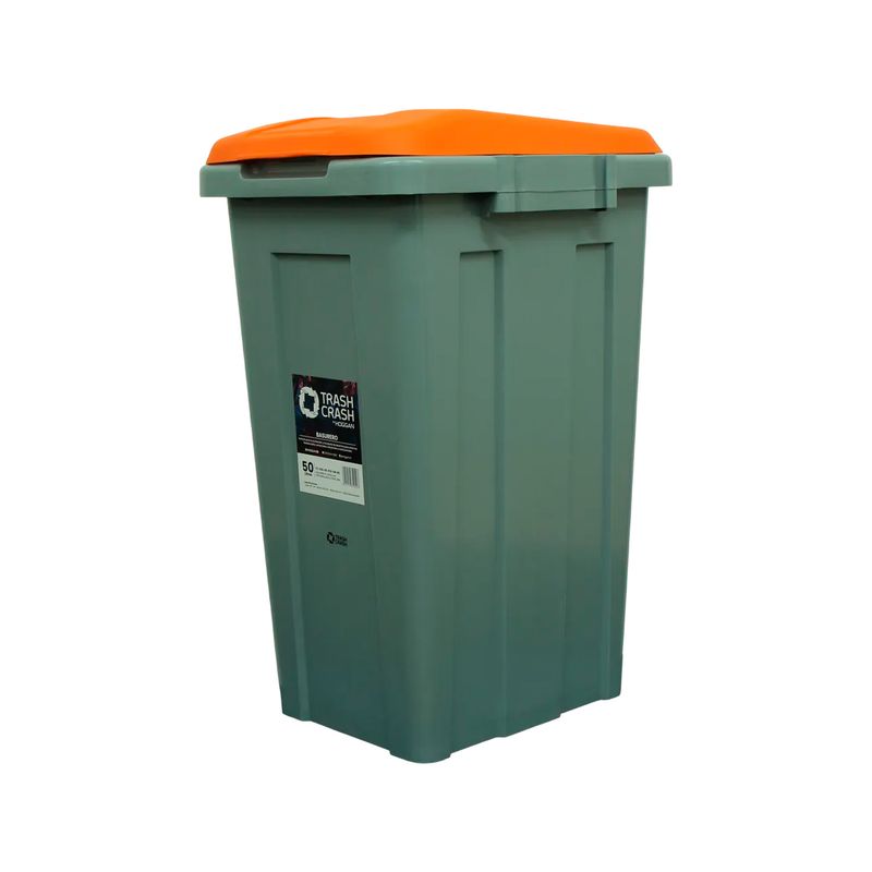 Basurero para reciclaje rectangular 50 L con tapa naranja Trash Crash, vista frontal del cuerpo verde con etiqueta blanca