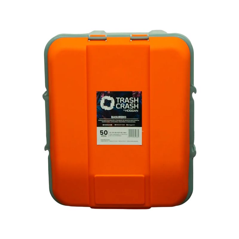Basurero para reciclaje rectangular 50 l con tapa naranja Trash Crash, vista superior de la tapa con etiqueta del producto