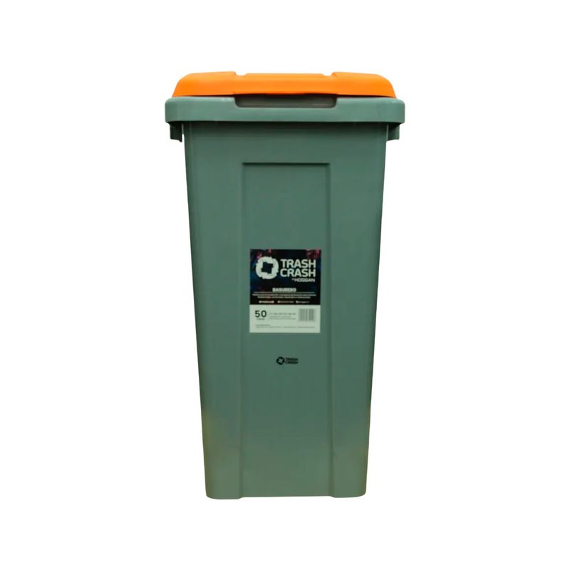 Basurero para reciclaje rectangular 50 l con tapa naranja Trash Crash, vista frontal del cuerpo gris con etiqueta central