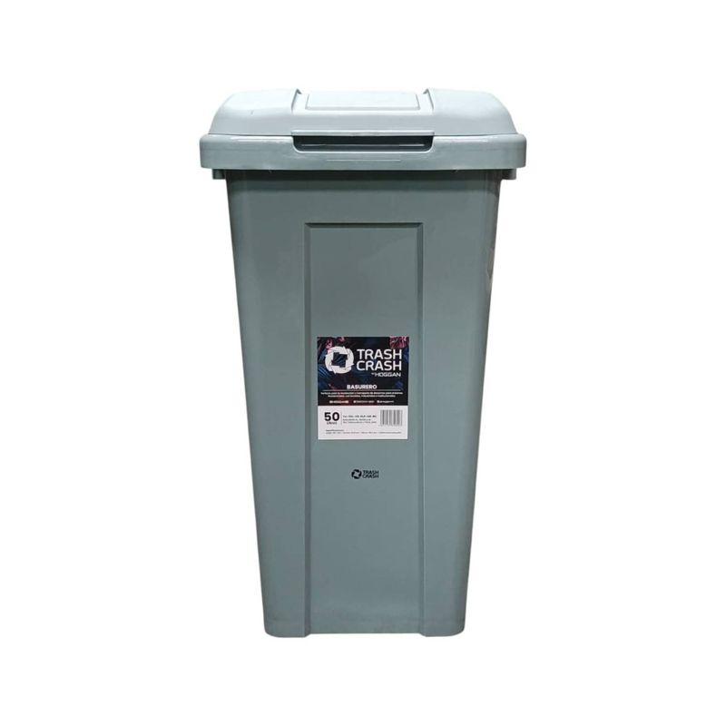 Basurero para reciclaje rectangular 50 L con tapa gris Trash Crash, vista frontal con etiqueta de marca en el centro