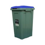Basurero para reciclaje rectangular 50 L Trash Crash, cuerpo verde con tapa azul y etiqueta de marca al frente