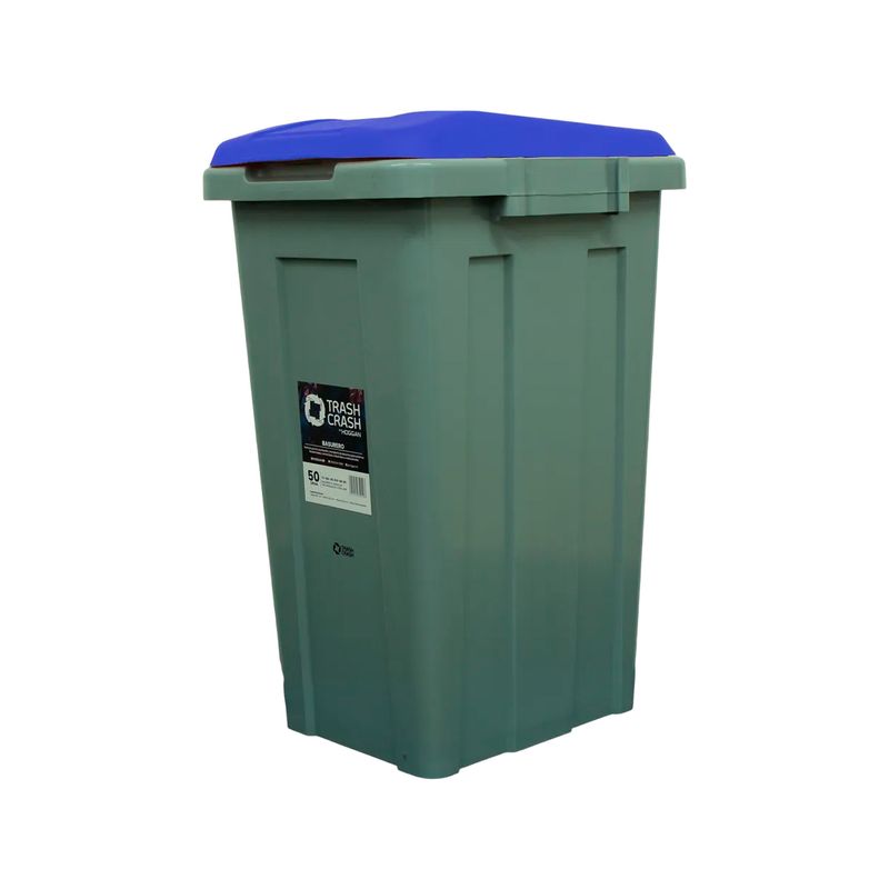 Basurero para reciclaje rectangular 50 L Trash Crash, cuerpo verde con tapa azul y etiqueta de marca al frente
