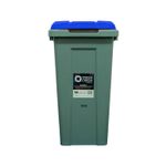 Basurero para reciclaje rectangular 50 L Trash Crash, vista frontal del cuerpo gris con tapa azul y etiqueta informativa