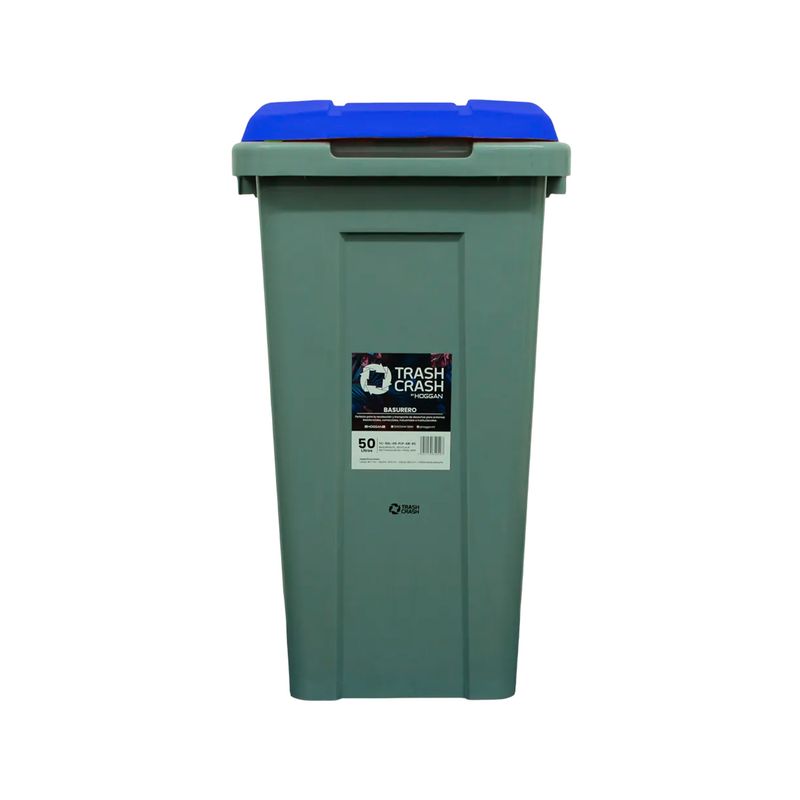 Basurero para reciclaje rectangular 50 L Trash Crash, vista frontal del cuerpo gris con tapa azul y etiqueta informativa