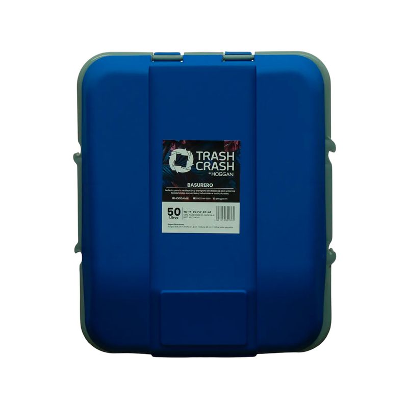 Basurero para reciclaje rectangular 50 L con tapa azul Trash Crash, vista cenital de la tapa con etiqueta de marca