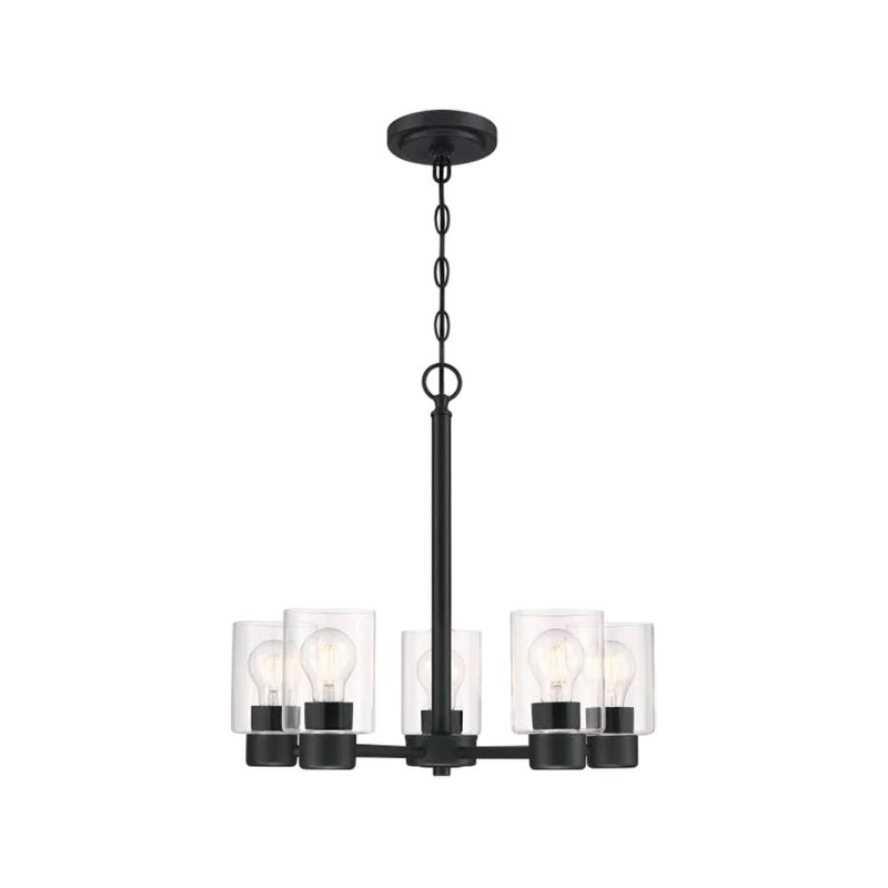 Luminaria colgante Sylvestre 5L E27 60W negro Westinghouse, vista frontal con cinco pantallas de vidrio transparente
