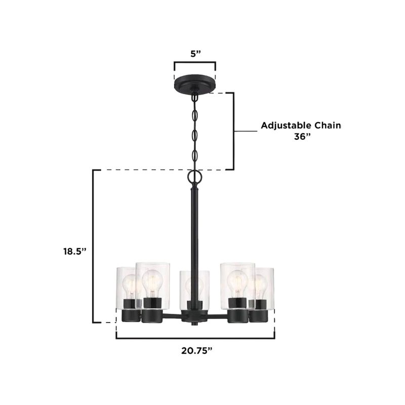 Luminaria colgante Sylvestre 5L E27 60W negro Westinghouse, gráfico con dimensiones técnicas y cadena ajustable de 36