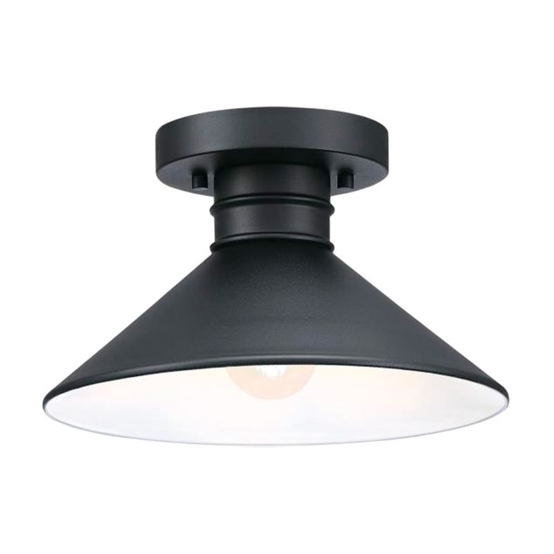 Luminaria de techo ext Alux 1L E27 60W negro Westinghouse, vista frontal inferior con pantalla cónica y luz encendida
