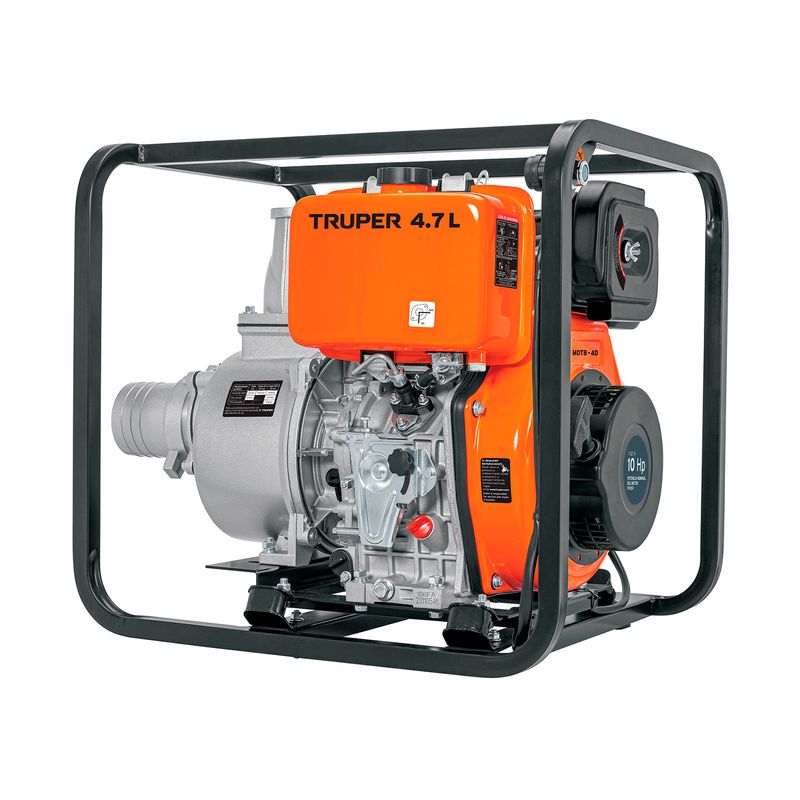 Motobomba para agua de 10 HP diésel 4x4 Truper, vista lateral con motor naranja y marco de protección negro