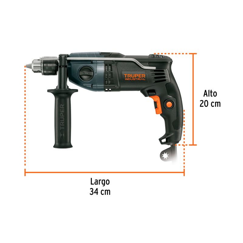 Taladro percutor eléctrico industrial Truper de 1/2 pulgada y 900 W, gráfico con dimensiones de largo y alto