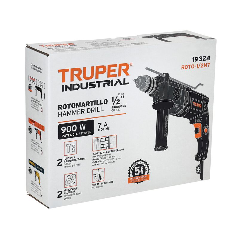 Taladro percutor eléctrico industrial Truper de 1/2 pulgada y 900 W, en su caja blanca con ilustración del equipo