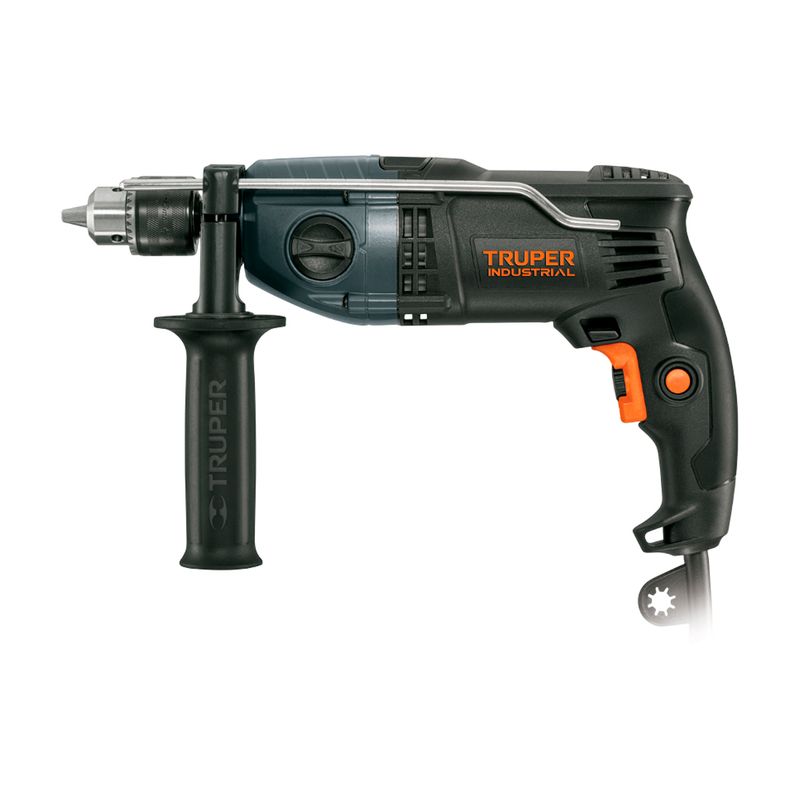 Taladro percutor eléctrico industrial Truper de 1/2 pulgada y 900 W, vista lateral con mango auxiliar y color gris
