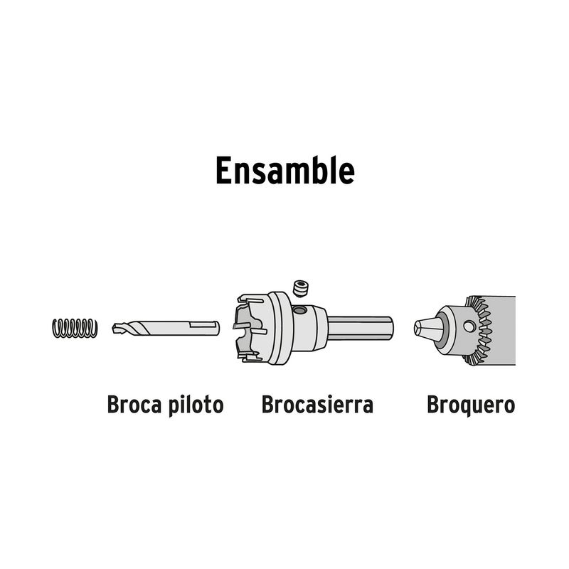 Brocasierra de carburo de tungsteno de 1-1/8 pulgadas Truper, gráfico de ensamble con broca piloto y broquero