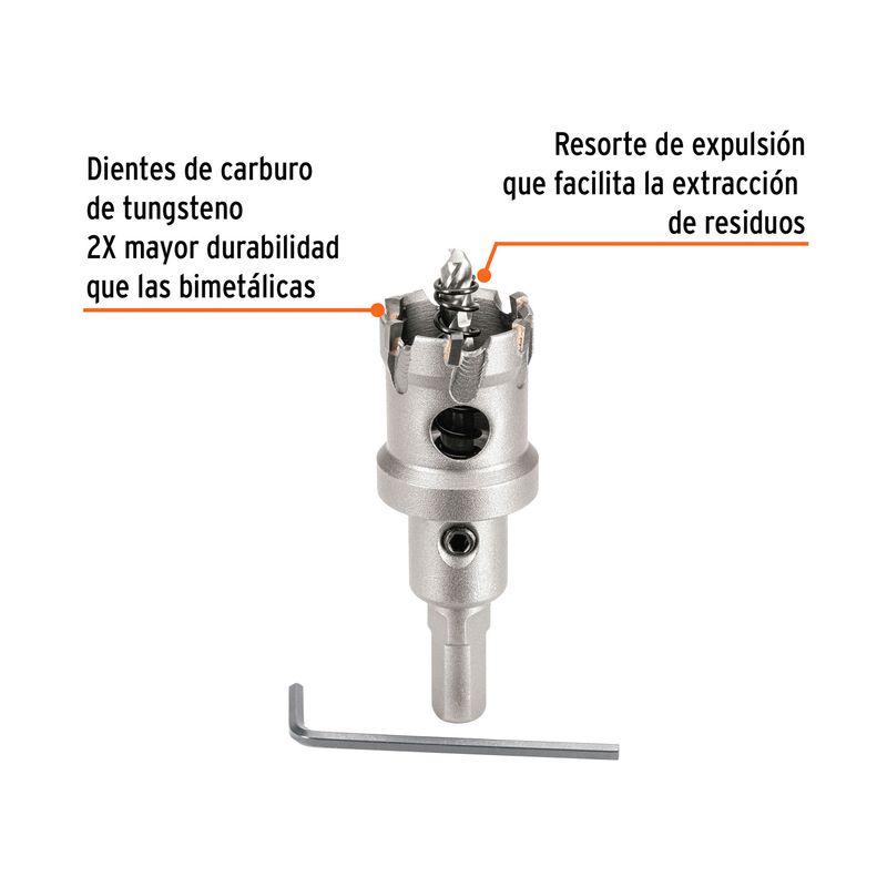 Brocasierra de carburo de tungsteno de 1-1/8 pulgadas Truper, gráfico con etiquetas señalando los dientes y el resorte