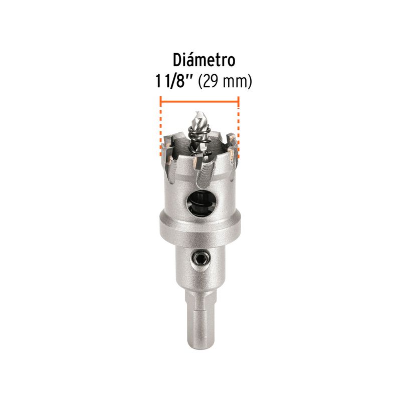 Brocasierra carburo de tungsteno 1-1/8 pulgadas Truper, gráfico con línea de medida del diámetro de 11/8 pulgadas