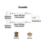 Juego de brocasierra para concreto SDS Max-Plus Truper, gráfico técnico del ensamble de broquero, broca piloto y brocasierra