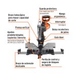Sierra ingleteadora telescópica 12 pulgadas 2000 W Truper, gráfico con señaladores de sus funciones y componentes