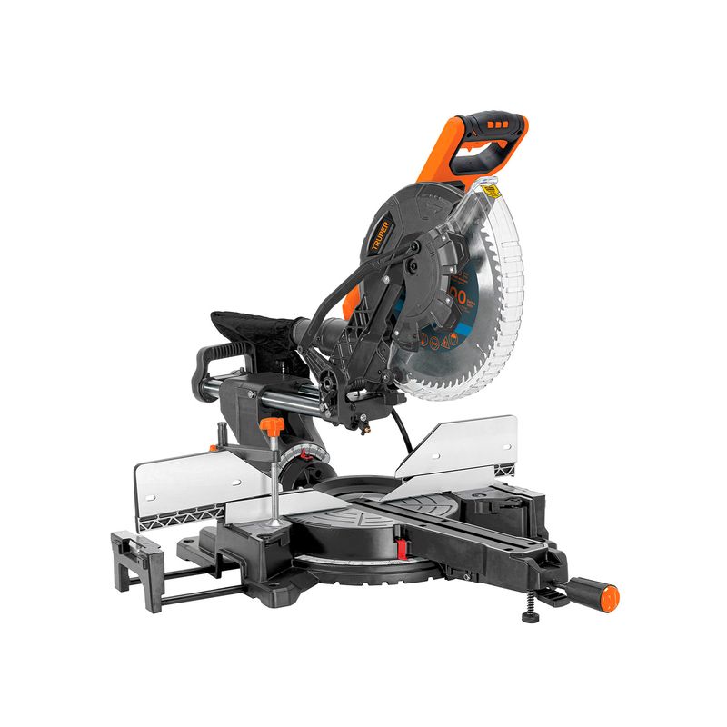 Sierra ingleteadora telescópica Truper de 12 pulgadas y 2000 W, vista lateral completa sobre fondo blanco