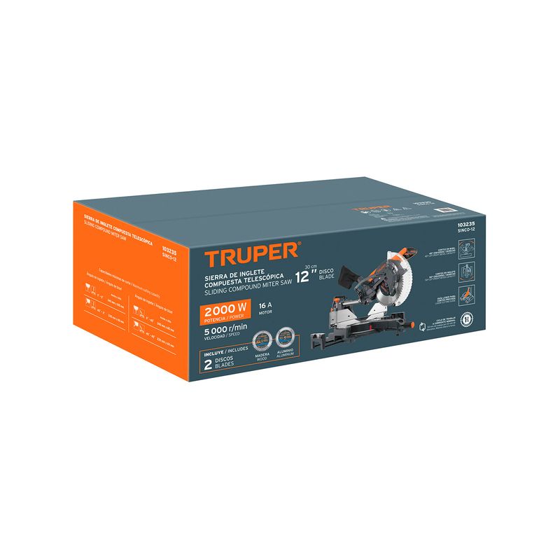 Sierra ingleteadora telescópica 12 pulgadas 2000 W Truper, caja de cartón cerrada con ilustración del equipo y