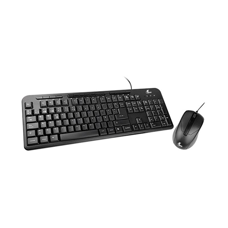 Dúo de mouse y teclado multimedia Xtech XTK-301S idioma español, set de color negro visto desde arriba sobre fondo blanco