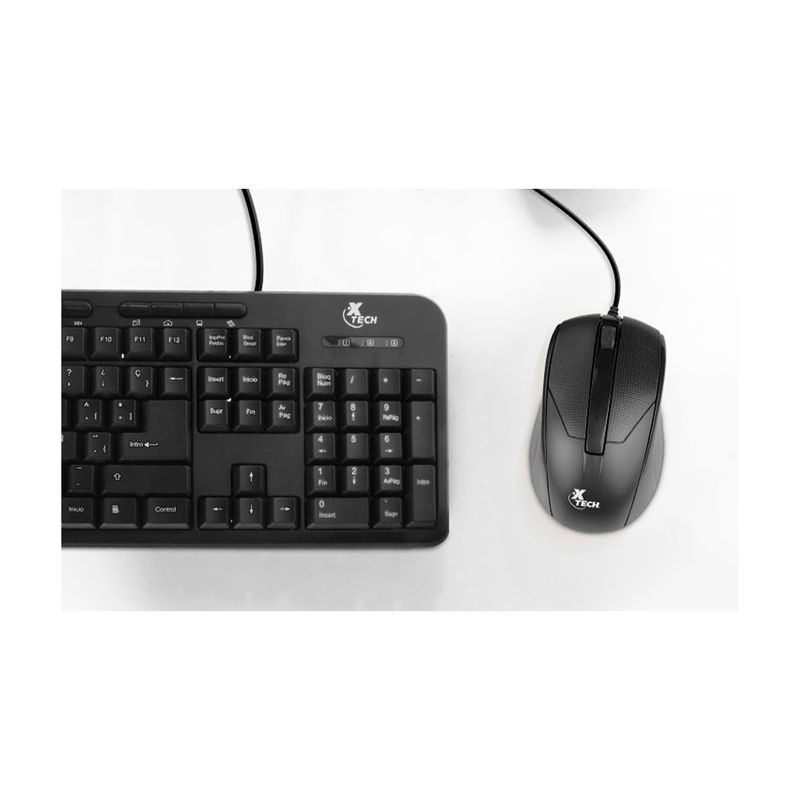 Dúo de mouse y teclado multimedia XTK-301S idioma español Xtech, detalle del teclado numérico y mouse óptico negro