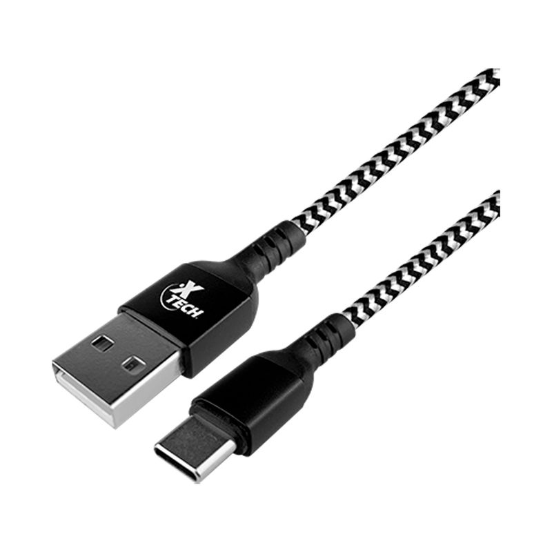 Cable trenzado con conector Tipo C macho a USB 2.0 A macho de 1.8 m Xtech, extremos de los conectores y cable blanco y negro