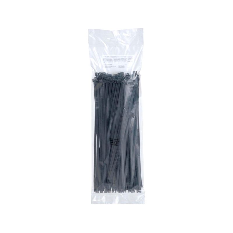 Paquete 100 unidades cinta de amarre negra 11 pulgadas 50 libras 3M, vista frontal del empaque plástico transparente