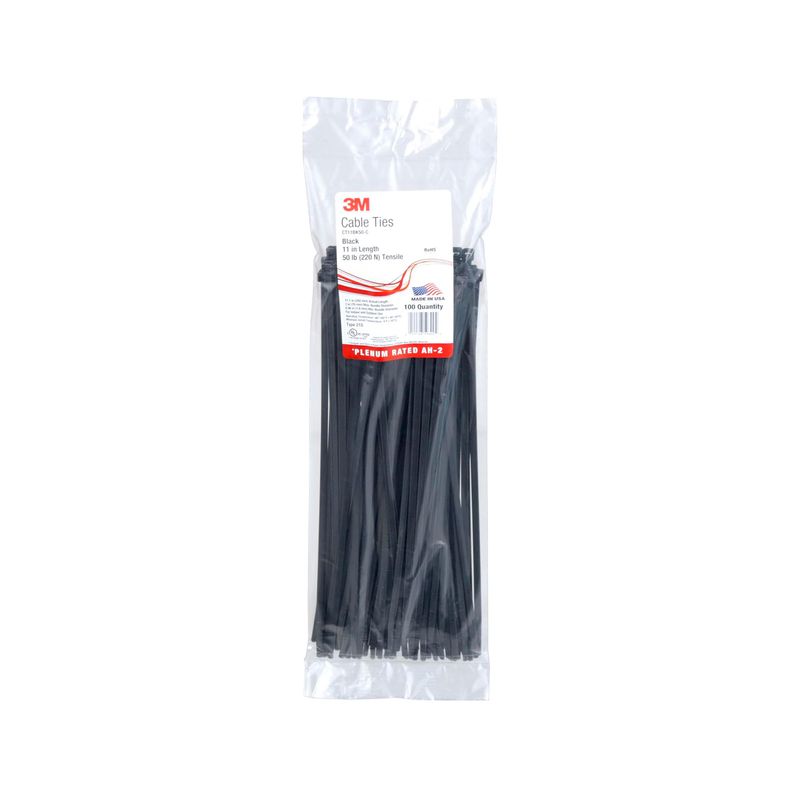 Paquete 100 unidades cinta de amarre negra 11 pulgadas 50 libras 3M, producto en empaque plástico transparente con etiqueta