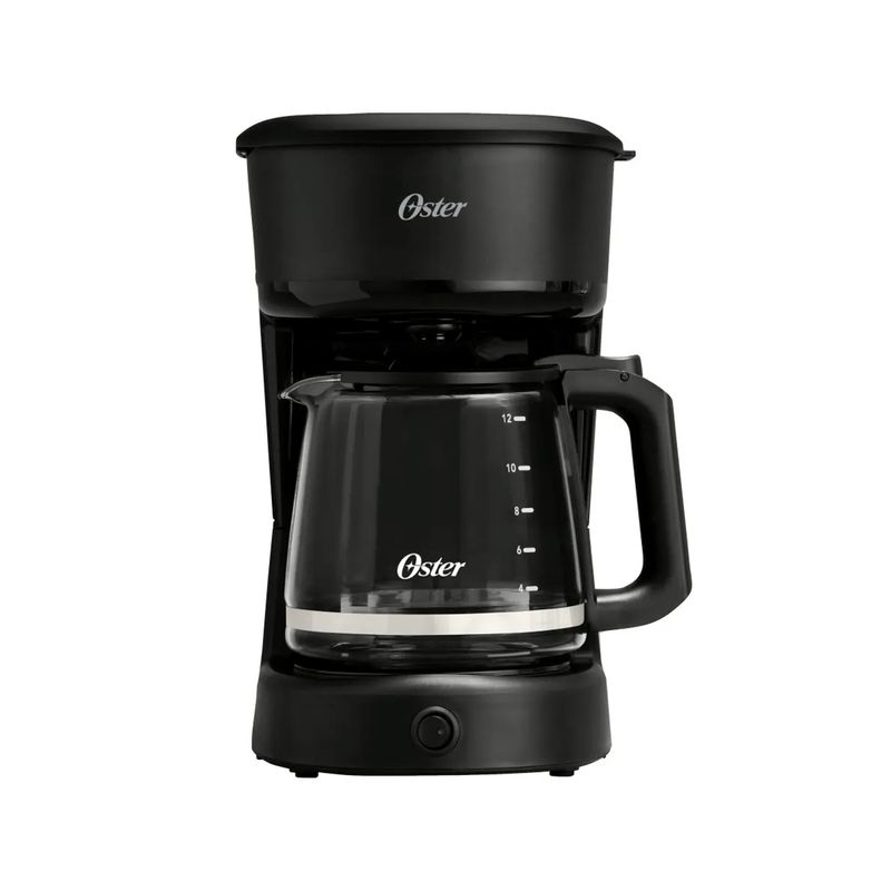 Cafetera 12 tazas filtro permanente Oster, color negro con jarra de vidrio graduada y asa plástica