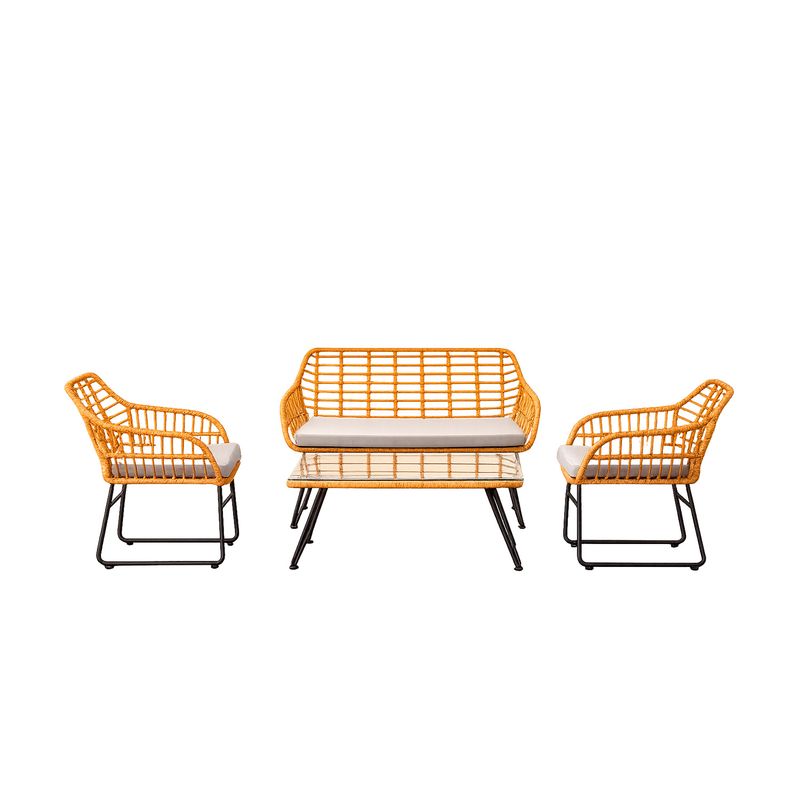 Set mueble para terraza con mesa 4 pza crema, gris y negro Ideal Furniture, conjunto con sofá, dos sillas y mesa baja