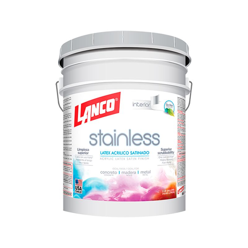 Base látex odor free pastel satín cubeta Lanco, vista frontal de la cubeta blanca con etiqueta informativa