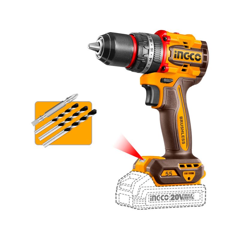 Taladro percutor inalámbrico 1/2 pulgadas Brushless 20V 55Nm Ingco, vista lateral con set de brocas y luz LED encendida